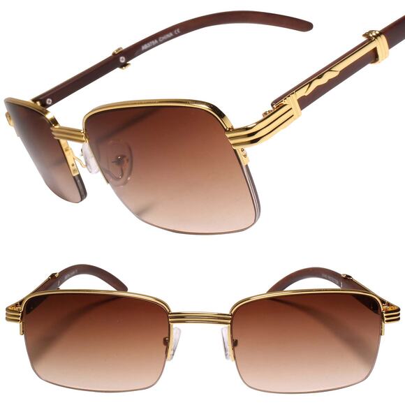 Classy Semi Rimless Gold Rectangle Sunglasses - Picture 1 of 4
